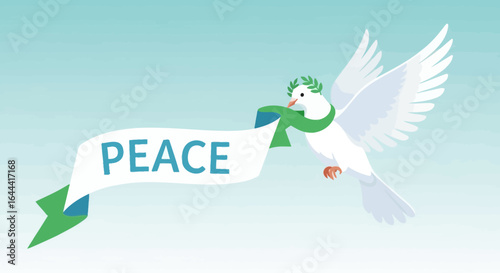 Illustration of a white dove carrying a banner with the word Peace and olive branch crown evoking peace and serenity