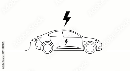 Minimalist continuous line art illustration of an electric car charging, featuring lightning bolt symbols.