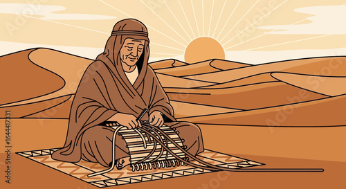 Illustration of an old arab man weaving a carpet in the desert at sunset creating a cultural scene