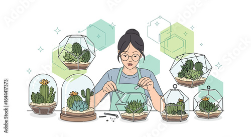 Illustration of a woman creating miniature cactus and succulent terrariums  in glass containers