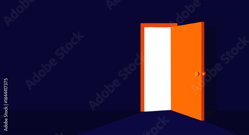 Minimalist orange door opening in a dark blue room, revealing a bright white light and casting a shadow.