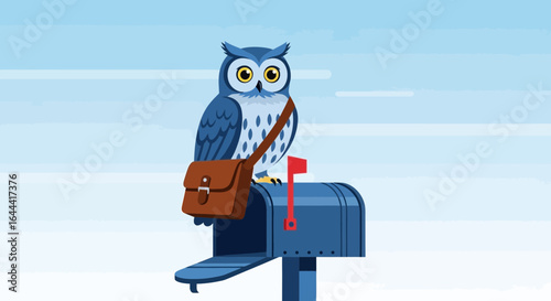 Illustration of an owl postman standing on a mailbox delivering letters and packages for advertising design projects