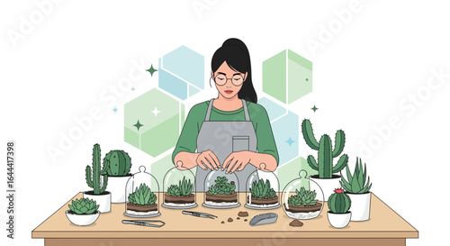 Illustration of a woman creating miniature terrariums with succulents and cacti plants