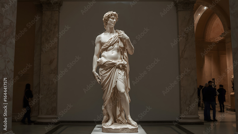 Obraz premium Full shot of a marble statue of a male figure draped in cloth, standing on a pedestal in a museum setting.