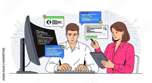 Illustration of developers collaborating on a project with code on screen and tablet displays