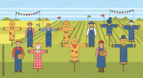Illustration of diverse farmers and scarecrows in a field celebrating autumn harvest