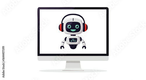 Modern computer monitor displaying a cute white robot with teal eyes and orange headphones.