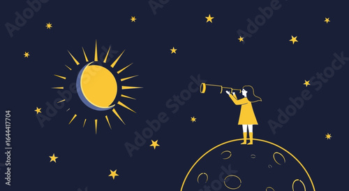 Illustration Of Girl Exploring Universe Standing On Moon With Telescope