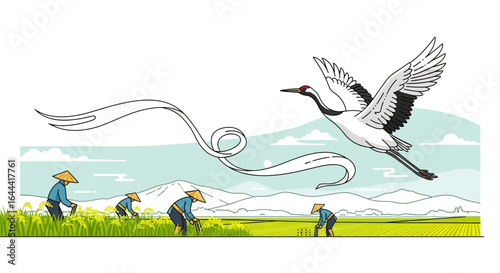 Illustration of rice field workers with a crane in flight Japanese countryside farm rural scene featuring farmers and wildlife