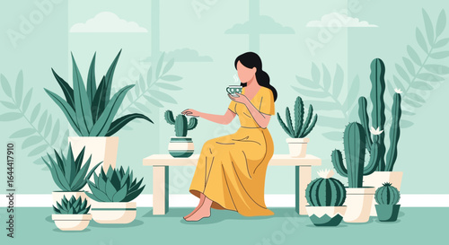 Illustration of a woman in yellow dress enjoying a tea time with houseplants collection in a bright and cozy room