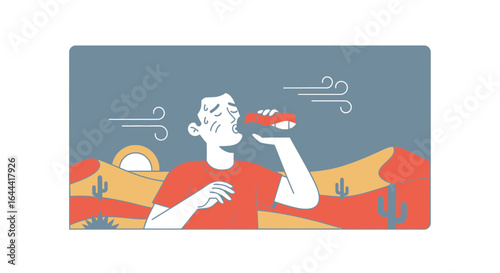 Illustration of thirsty man drinking water in the desert against the hot sun heat waves and dry landscape feeling exhausted needing to hydrate
