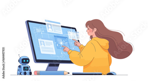 Illustration of a woman interacting with a digital interface alongside a robot technology showing a futuristic ai development concept