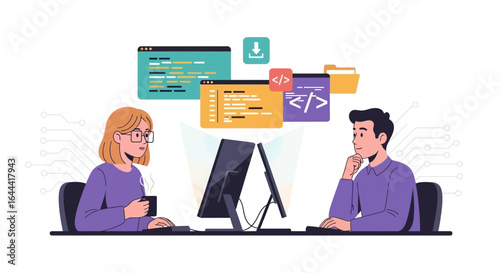 Illustration of two programmers coding and developing software in a collaborative environment