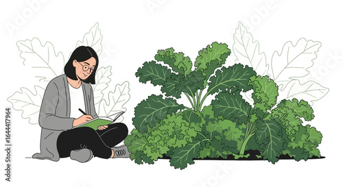 Illustration of a woman journaling next to a lush kale plant in her vegetable garden