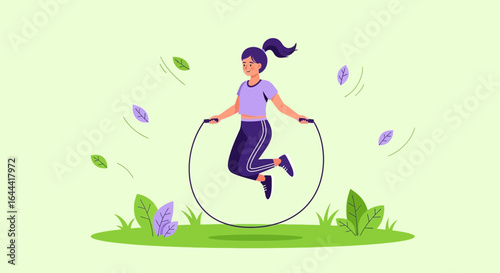 Illustration of a woman jumping rope outdoors promoting fitness and wellness
