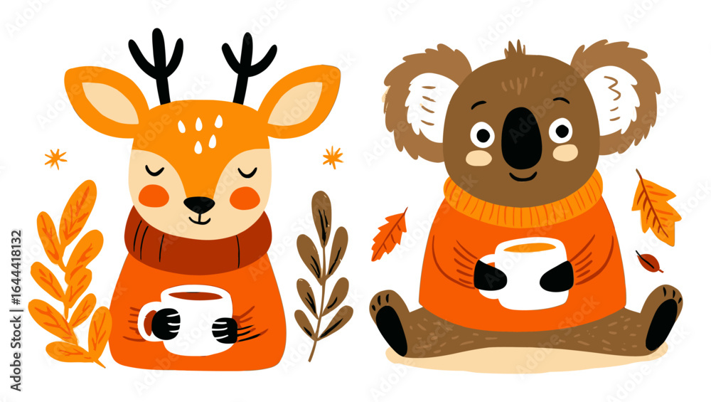 Fototapeta premium Cute Cartoon Animals Enjoying Warm Drinks in Autumn Setting