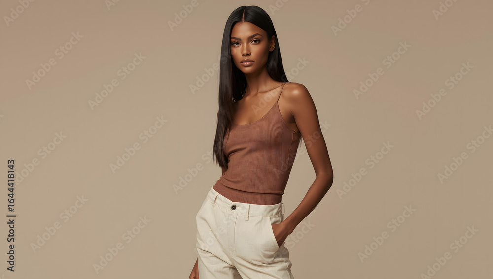 Obraz premium A poised woman with long dark hair, wearing a brown tank top and white pants, poses against a neutral background.