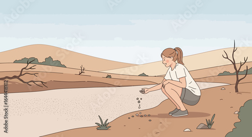 Illustration of a woman planting seeds in a dry, barren landscape, symbolizing environmental restoration and hope for the future