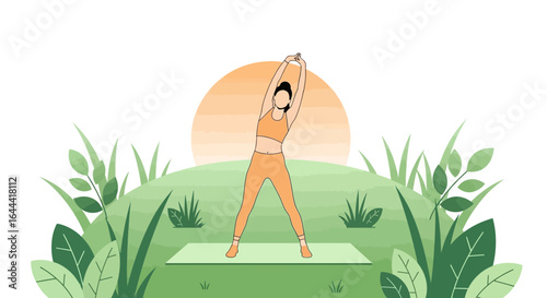 Illustration of a woman practicing yoga outdoors at sunrise, promoting wellness and relaxation in nature for a healthy lifestyle