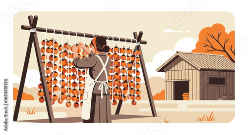 Illustration of a woman preparing dried persimmons in a rural setting with traditional methods