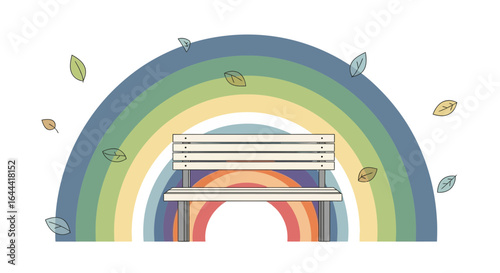 Illustration of wooden bench with a rainbow backdrop for serenity and calmness
