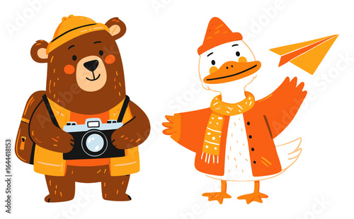 Cartoon Bear and Duck Characters with Camera and Paper Airplane