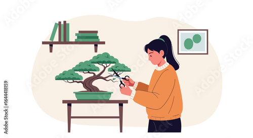 Illustration of a woman pruning a bonsai tree in her home, practicing mindfulness and gardening hobby to bring balance to her life