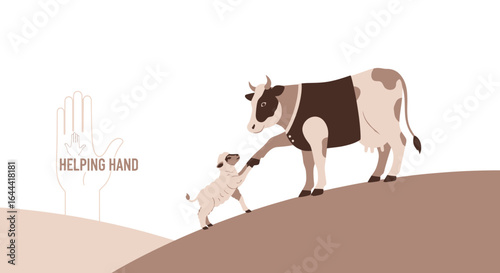 Illustration portraying a cow offering a helping hand to a lamb up a hill with helping hand graphic