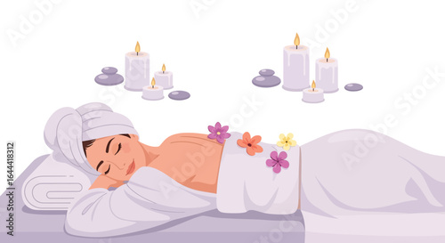 Illustration of a woman relaxing at a spa with candles and flowers for wellness