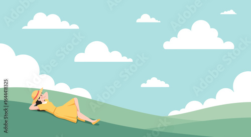 Illustration of a woman relaxing in a grassy field under a cloudy sky, perfect for representing leisure and relaxation