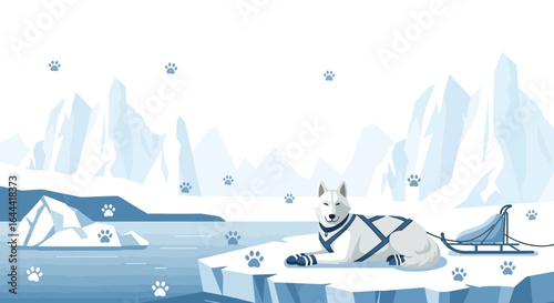 Illustration showcasing a husky resting in a snowy arctic landscape with icebergs