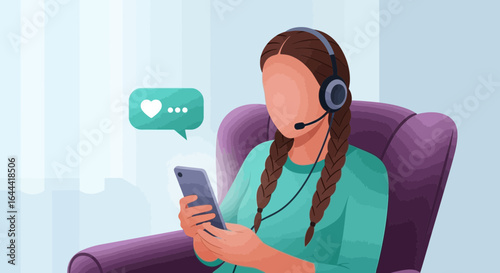 Illustration of a woman using a phone with a headset for online communication or customer support service representation