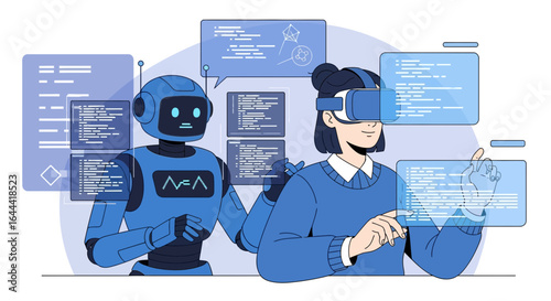 Illustration of a woman using VR glasses interacting with a robot on a digital interface
