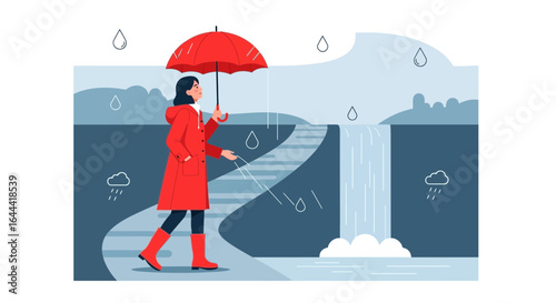 Illustration of a woman walking in the rain near a waterfall with red umbrella illustration vector graphic design concept
