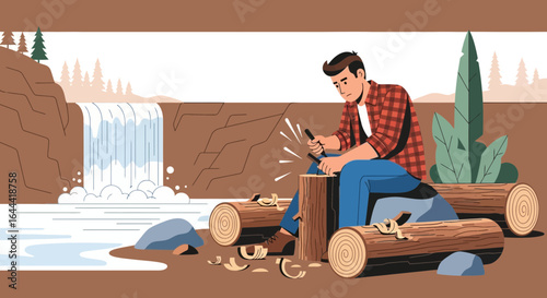 Illustration of a woodcarver working near a waterfall in a serene landscape