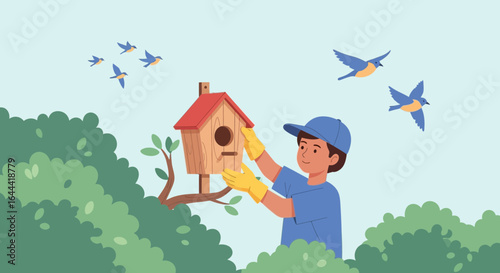 Illustration of a young boy building a birdhouse, surrounded by nature and birds flying above showing happy environment