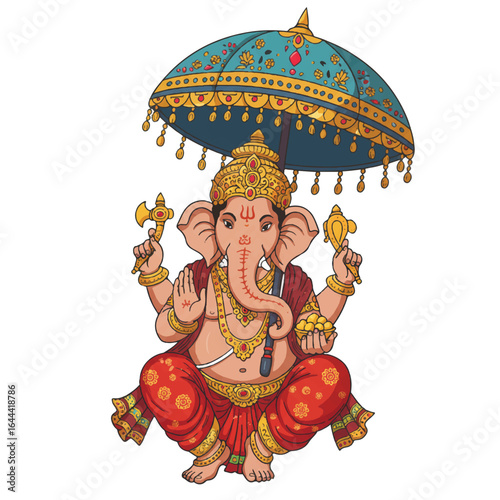 Illustration of Lord Ganesha sitting under a decorative umbrella celebrating Ganesh Chaturthi with traditional Indian attire and ornaments