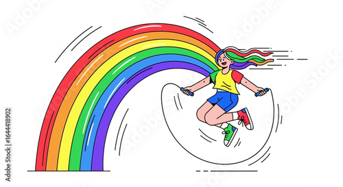 Illustration showcasing girl jumping rope in front of a vibrant rainbow element