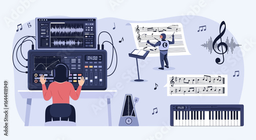 Illustration showcasing music production software and elements of music creation process