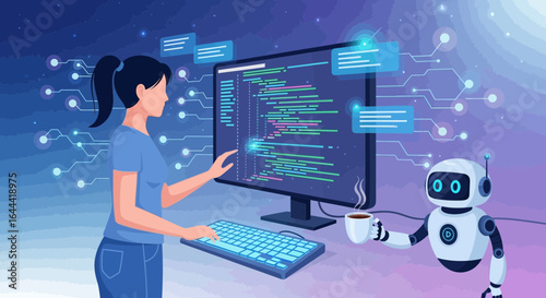 Illustration showcasing software development with a human coder and AI assistance for increased productivity
