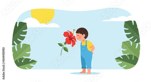 Illustration of a young boy smelling a red hibiscus flower in a tropical setting