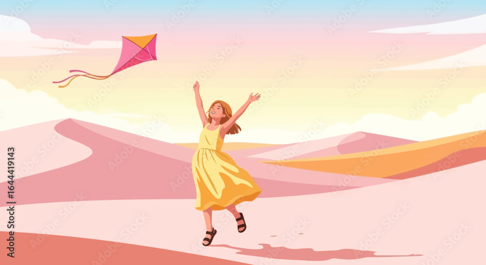 Illustration of a young girl in a yellow dress flying a kite in a desert landscape Illustration of a young girl in a yellow dress flying a kite in a desert landscape