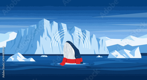 Illustrative arctic scene featuring a whale wearing a scarf amidst icebergs