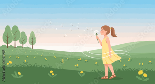 Illustration of a young girl blowing a dandelion in a sunny meadow landscape showcasing innocence and freedom