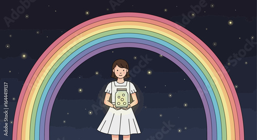 Illustration of a young girl holding fireflies in a jar under a vibrant rainbow against a starry night sky