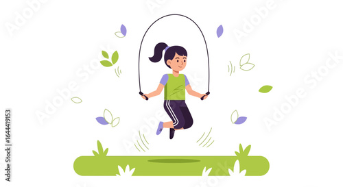 Illustration of a young girl skipping rope outdoors in a playful nature scene