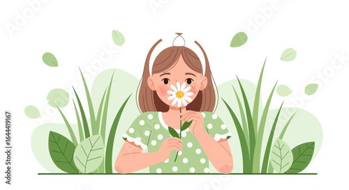 Illustration of a young girl smelling a daisy in a field of grass springtime and summer vibes promoting health and happiness