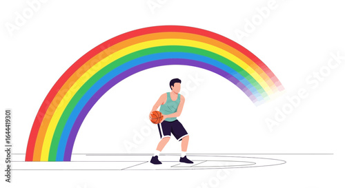 Illustrative basketball player practicing under rainbow arc for sports and diversity promotion representation