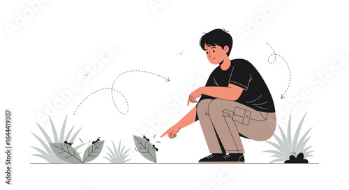 Illustration of a young man observing ants on leaves outdoors in a natural setting