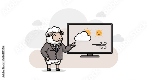Illustrative cartoon weather forecaster sheep presenting weather forecast on screen